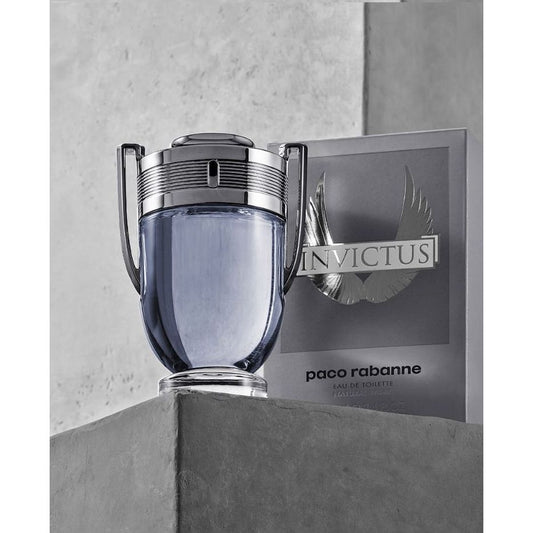 Paco Rabanne Invictus Eau de Toilette bottle with sleek silver cap and wings logo, luxury men's fragrance