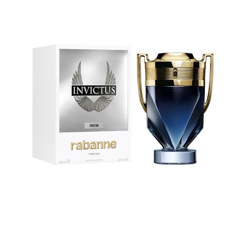 Invictus Parfum 100ml trophy-shaped bottle with gold accents and branded silver box