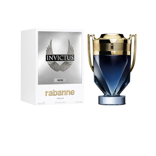 Rabanne Invictus Parfum bottle with gold accents and sleek packaging, luxury fragrance for men