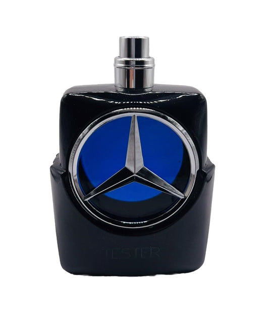 Luxury Mercedes-Benz perfume tester bottle with blue emblem, sleek black design for men