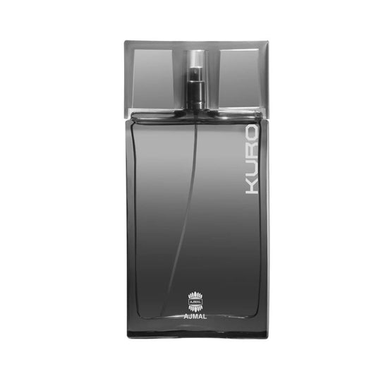 Kuro 90ml perfume bottle in sleek black glass with spray nozzle, Ajmal fragrance
