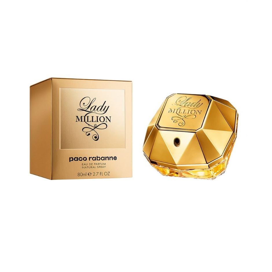 Lady Million Eau de Parfum 80ml gold diamond-shaped bottle and box on white background