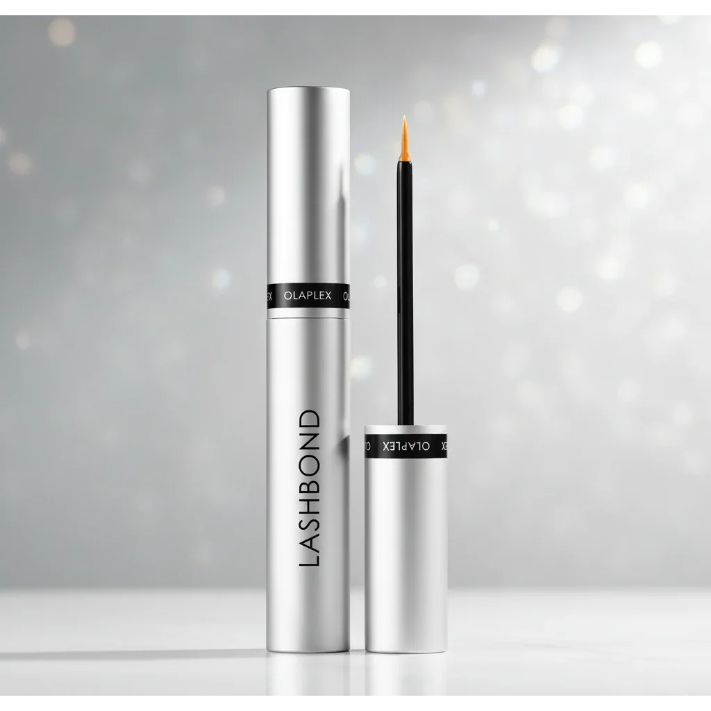 Silver tube of Lashbond eyelash serum with applicator on light background
