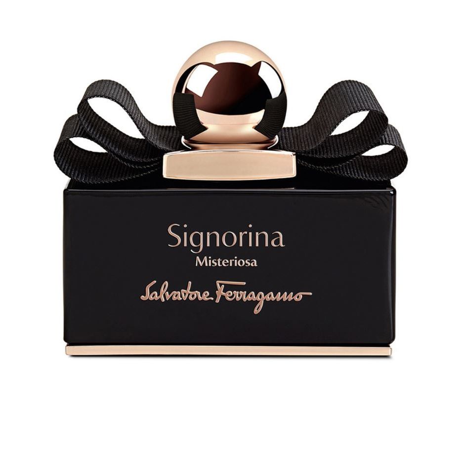 Black and gold Signorina Misteriosa perfume bottle with ribbon and round cap, 100ml