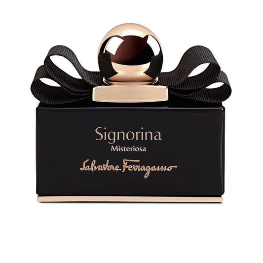 Black and gold Signorina Misteriosa perfume bottle with ribbon and round cap, 100ml