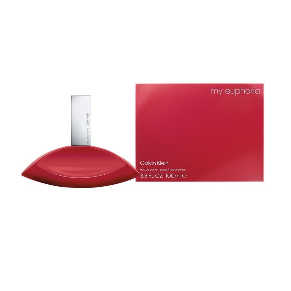 Red Calvin Klein My Euphoria perfume bottle and matching box, 100ml fragrance.