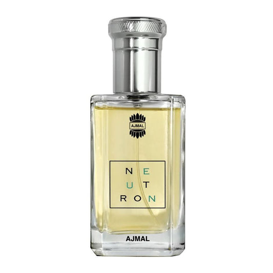 Clear glass bottle of Ajmal Neutron perfume with silver cap and yellow liquid, front view