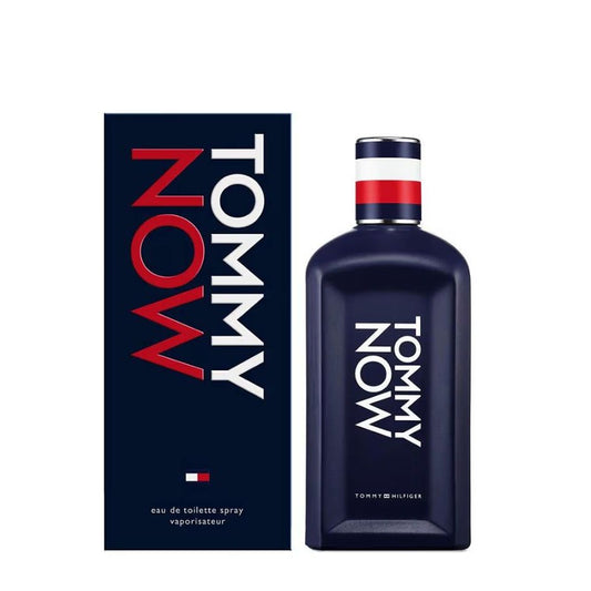 Tommy Now eau de toilette spray bottle and box, navy blue with red white accents, luxury men's fragrance