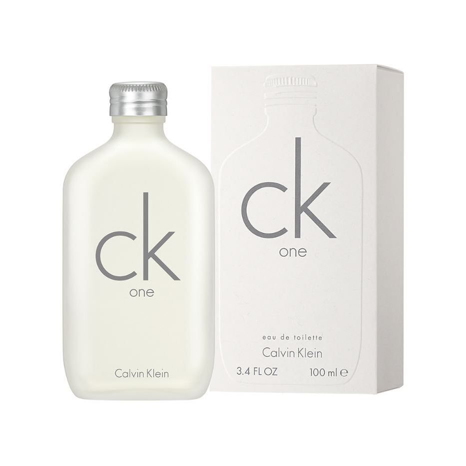 CK One 100ml eau de toilette bottle and box, minimalist white packaging, fragrance product