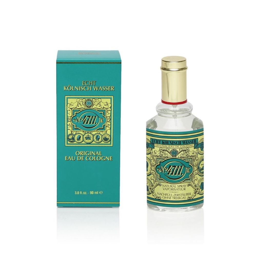 Original Eau de Cologne 4711 bottle and box, turquoise and gold design, 90ml fragrance