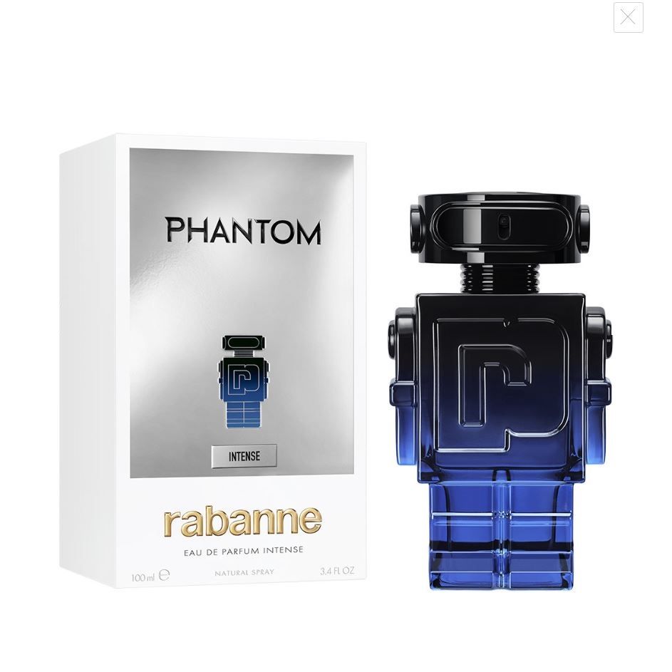 Phantom Intense Eau de Parfum 100ml bottle and packaging, robot-shaped, blue and black design