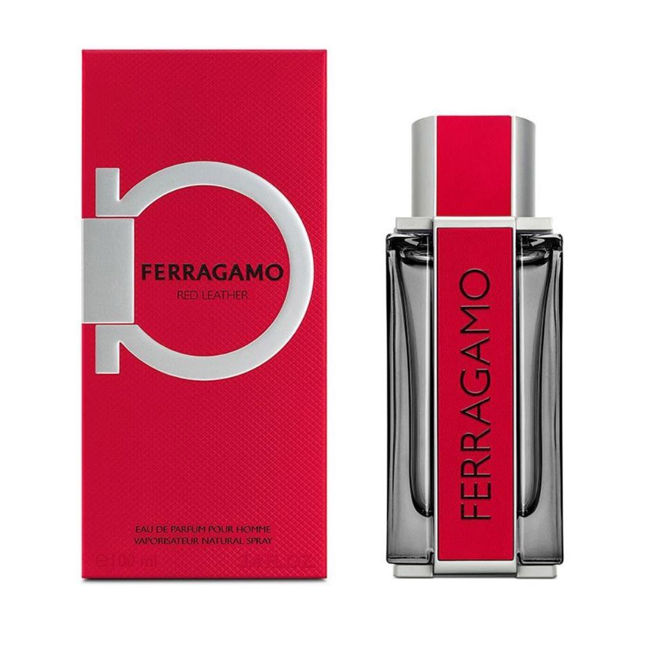 Ferragamo Red Leather Eau de Parfum 100ml bottle and box, luxury fragrance for men