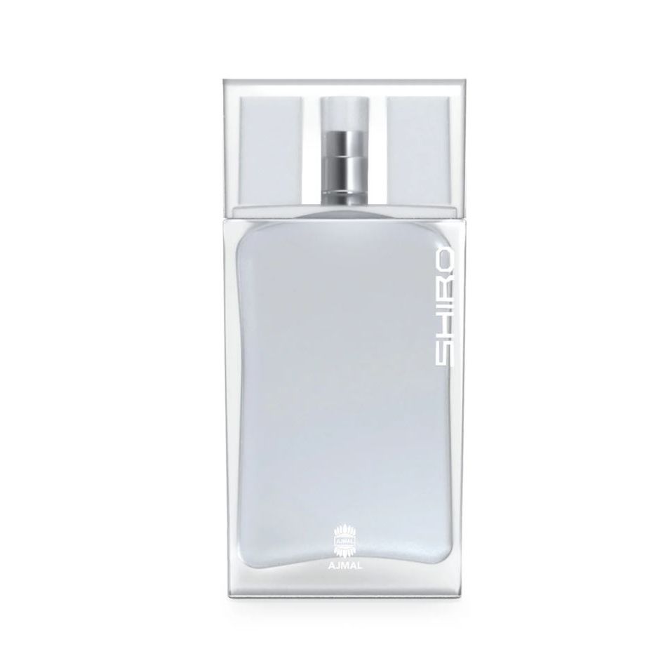 Clear rectangular SHIRO perfume bottle with silver accents and minimalistic design