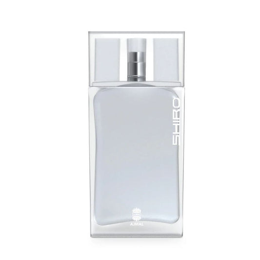Clear rectangular SHIRO perfume bottle with silver accents and minimalistic design