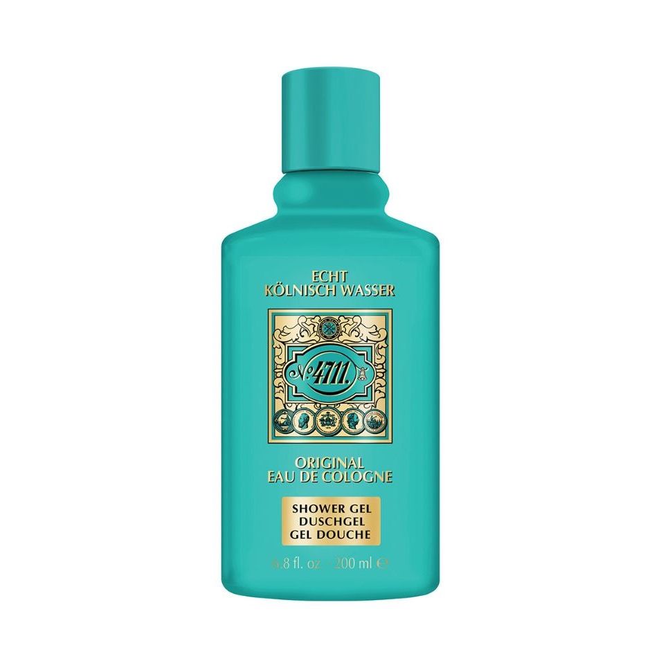No. 4711 turquoise bottle of original Eau de Cologne shower gel, 200ml, on white background.