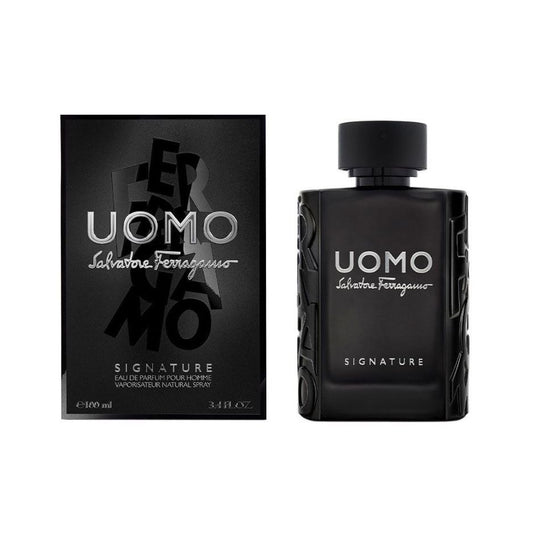 Uomo Signature eau de parfum for men by Salvatore Ferragamo, black bottle and box