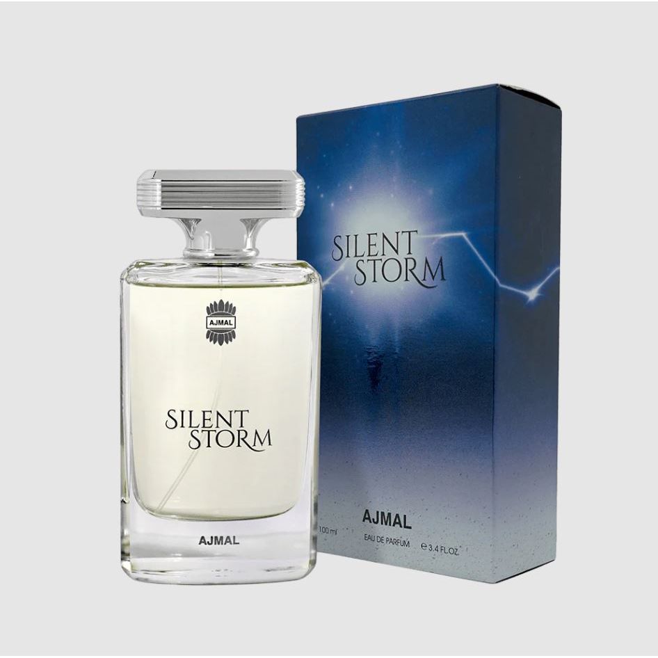 Ajmal Silent Storm Eau de Parfum 100ml bottle with matching blue gradient box on light background