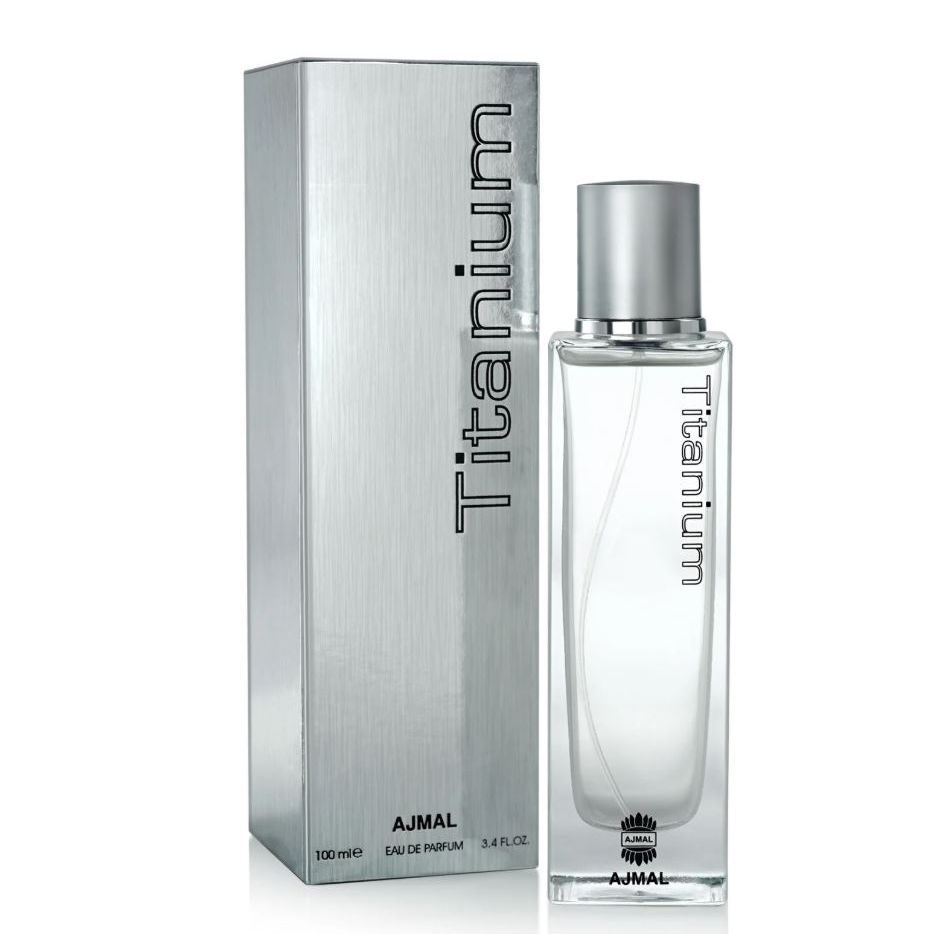 Titanium 100ml eau de parfum in a sleek clear bottle with matching silver box
