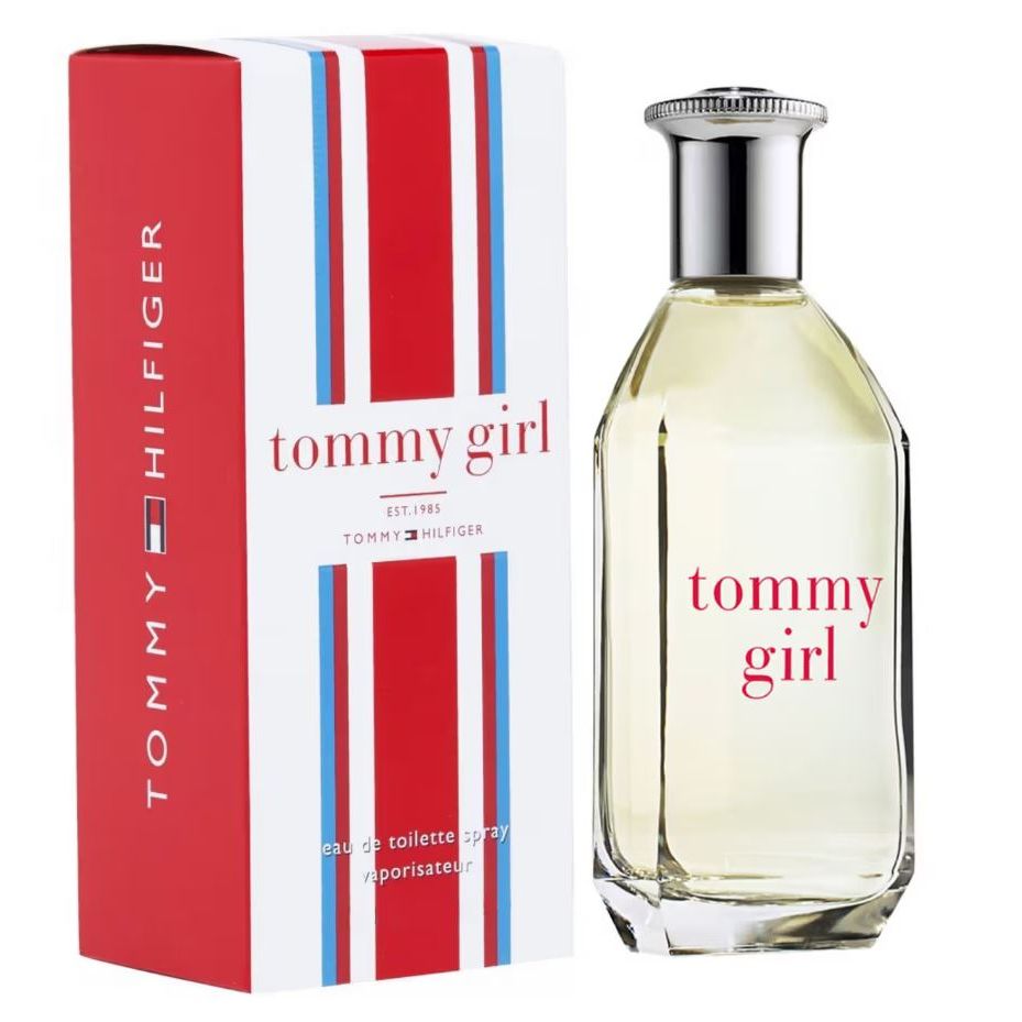 Tommy Girl eau de toilette perfume bottle and box with red, white, and blue design