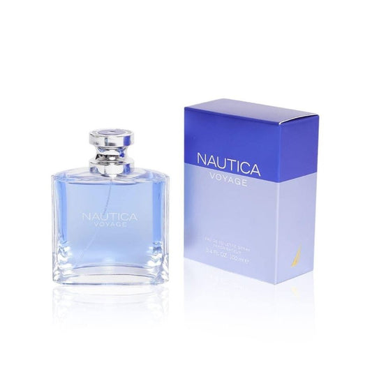 Nautica Voyage Eau de Toilette spray bottle and box, 100ml luxury men's fragrance with blue glass design