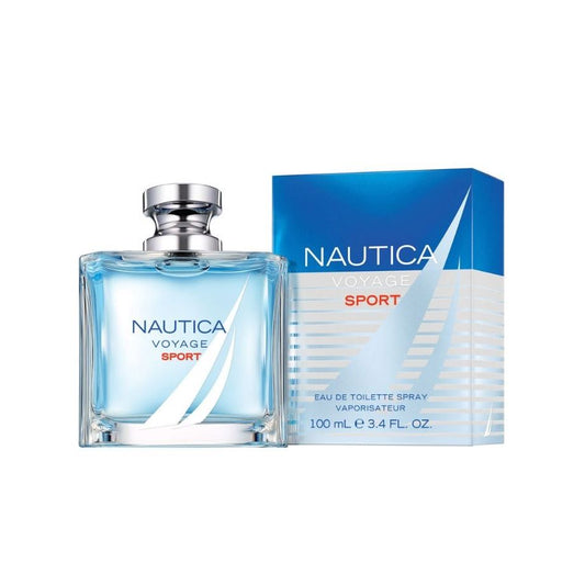 Nautica Voyage Sport Eau de Toilette spray bottle and box, 100ml men's fragrance with blue design