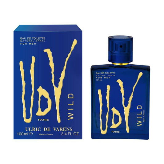 Uby Wild for Men Eau de Toilette, 100ml blue bottle with gold lettering, luxury Parisian fragrance