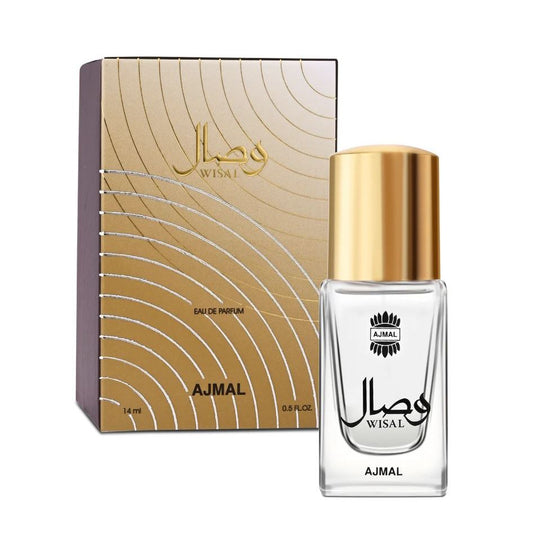 Ajmal Wisal Eau de Parfum 14ml bottle with gold cap and matching decorative box