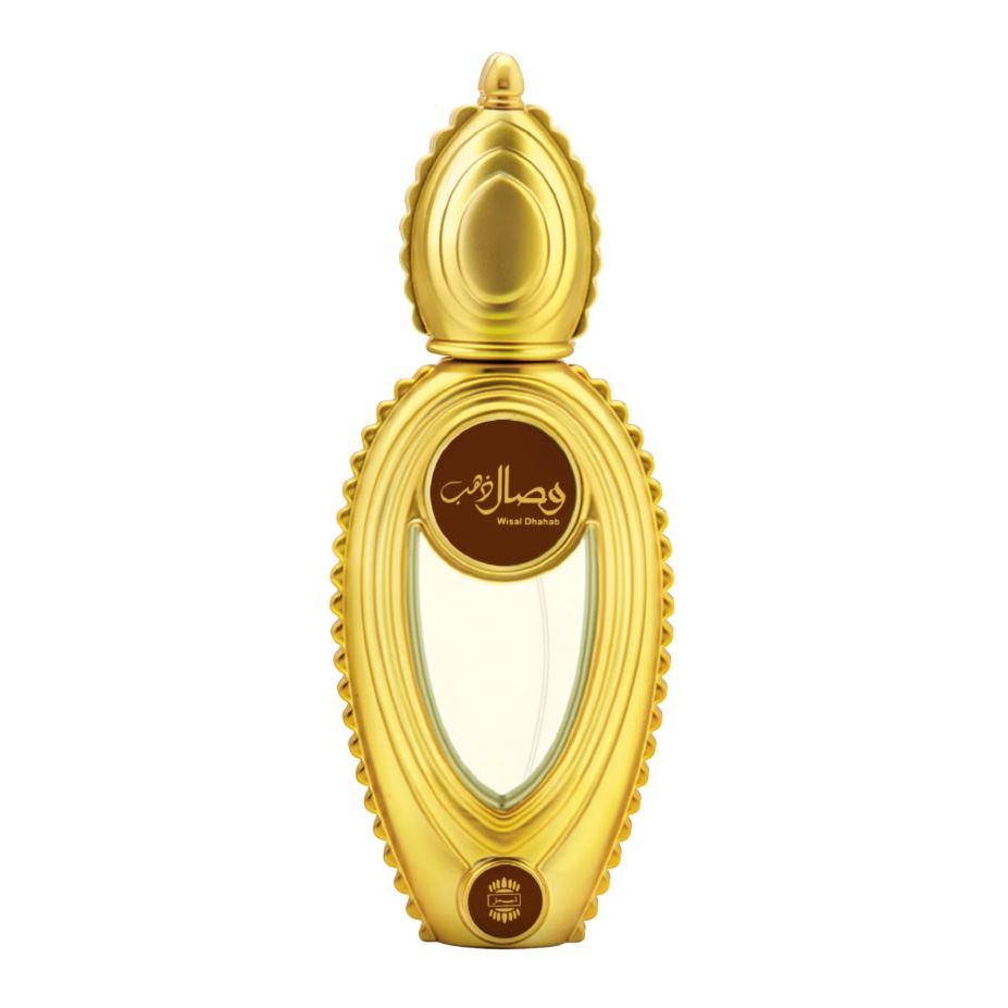 Gold ornate Wisal Dhahab perfume bottle, clear glass center, luxury fragrance product