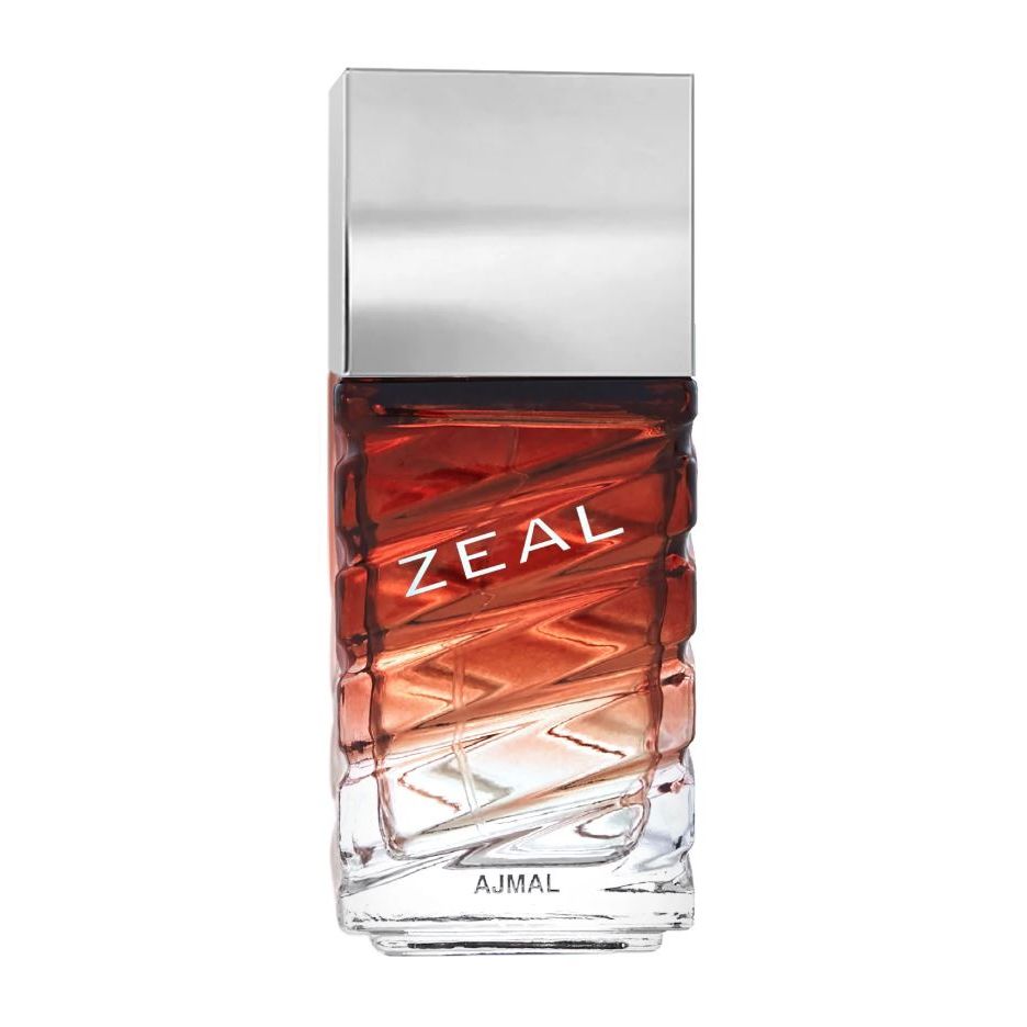 Ajmal Zeal 100ml perfume bottle with silver cap and gradient amber glass design
