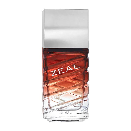 Ajmal Zeal 100ml perfume bottle with silver cap and gradient amber glass design