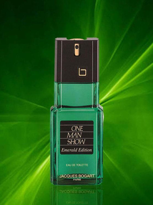 Jacques Bogart One Man Show Emerald Edition Eau de Toilette, luxury green perfume bottle with radiant green background