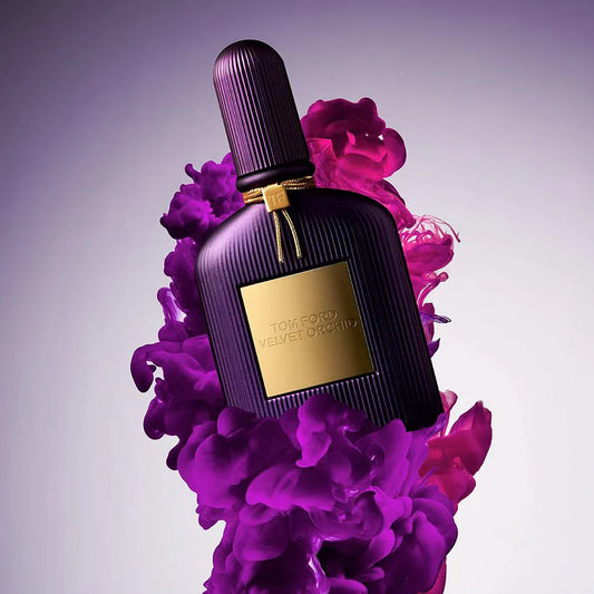 Purple Tom Ford Velvet Orchid perfume bottle with gold label, surrounded by violet smoke