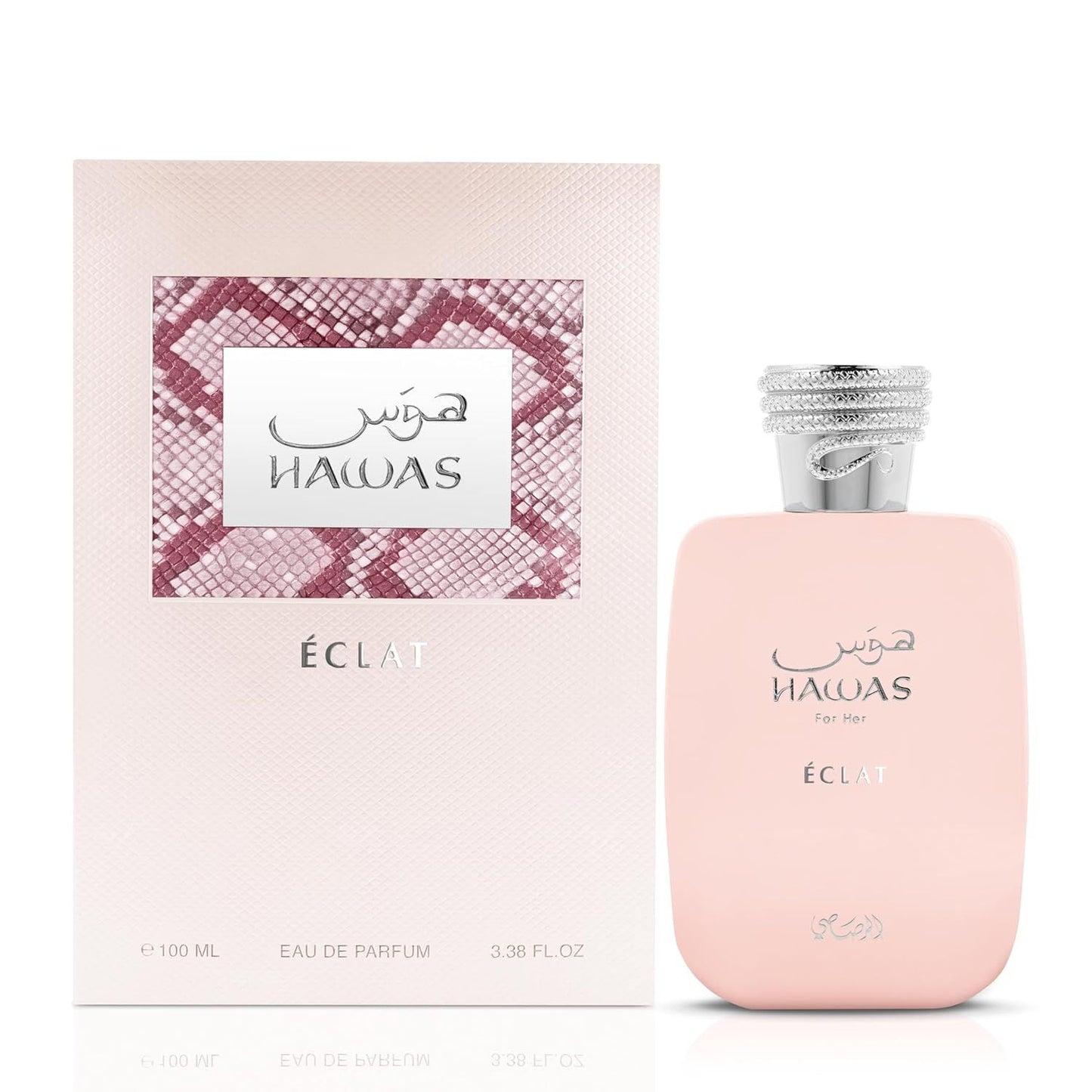 Hawas Éclat For Her Eau de Parfum 100ml, luxury pink bottle with snake-textured cap, Arabic fragrance