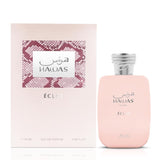 Hawas Éclat For Her Eau de Parfum 100ml, luxury pink bottle with snake-textured cap, Arabic fragrance