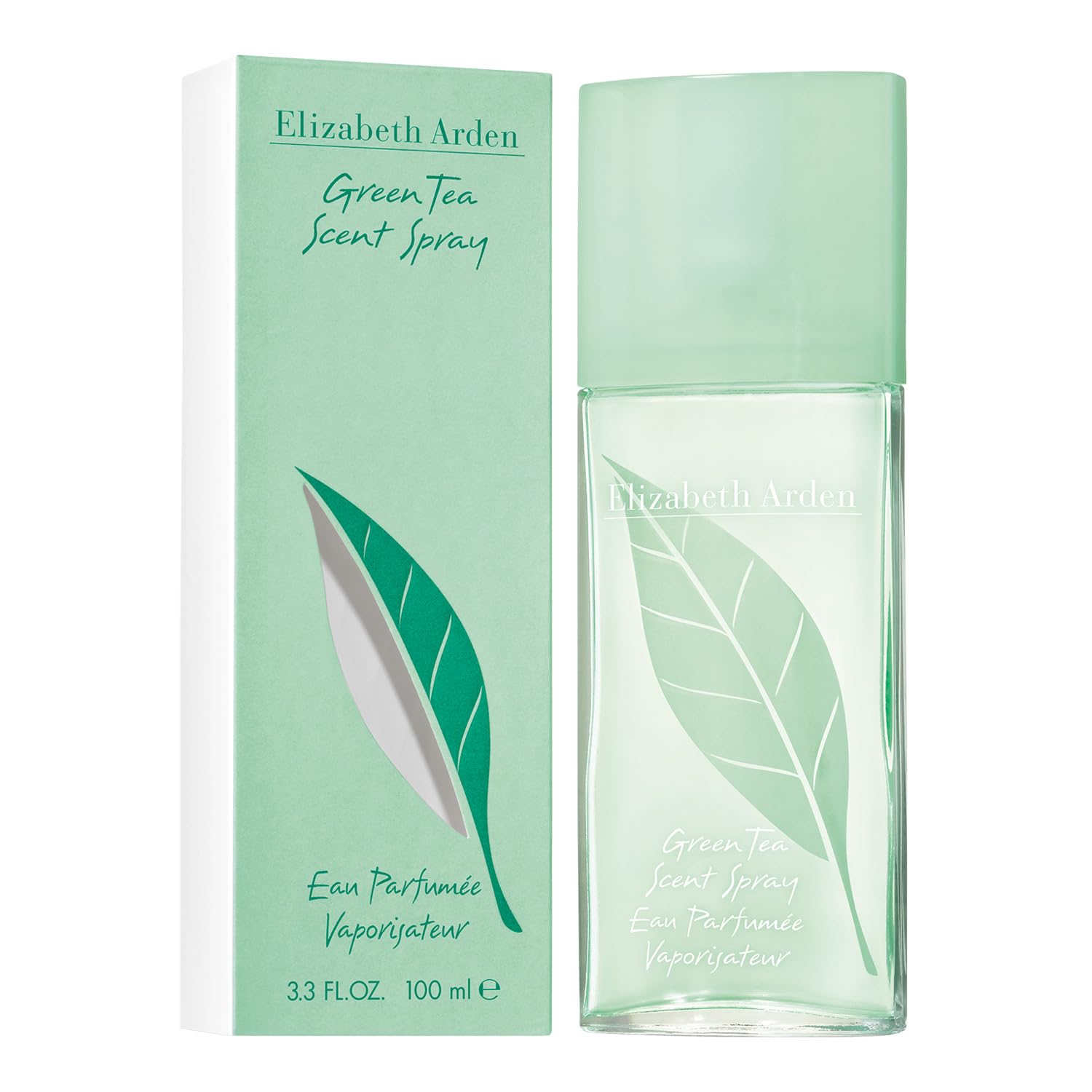 Elizabeth Arden Green Tea Scent Spray perfume bottle and box, 100ml, with green leaf design