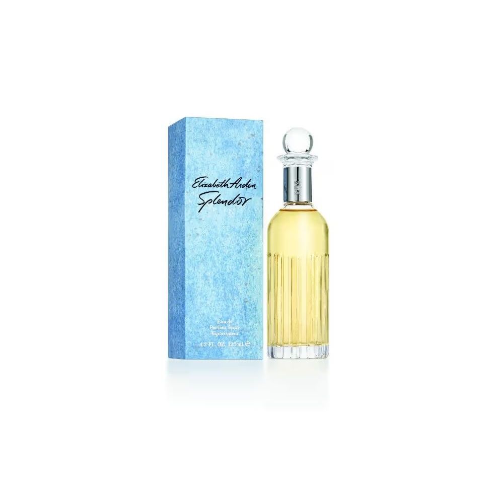 Elizabeth Arden Splendor perfume bottle with matching blue box, fragrance for women.