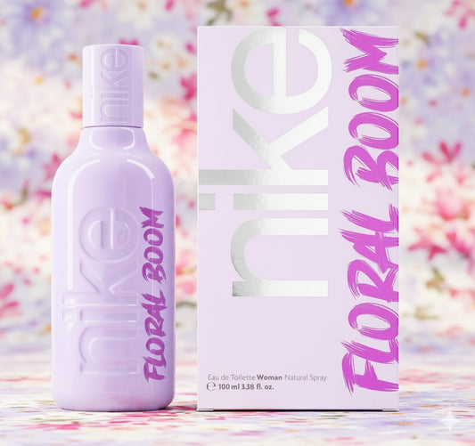 Nike Floral Boom Eau de Toilette for Women, 100ml bottle and box with purple floral design