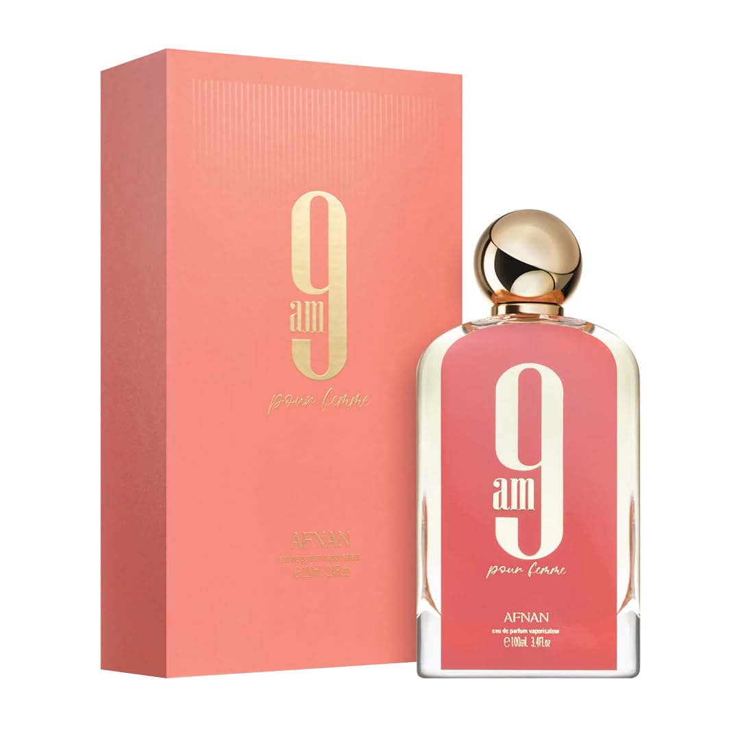 Afnan 9am Pour Femme perfume bottle and pink box with gold accents, luxury fragrance