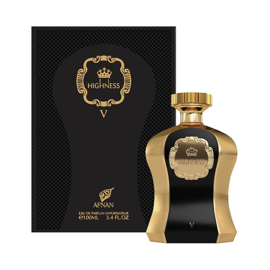 Afnan Highness V perfume bottle and box, black and gold luxury fragrance, 100ml.