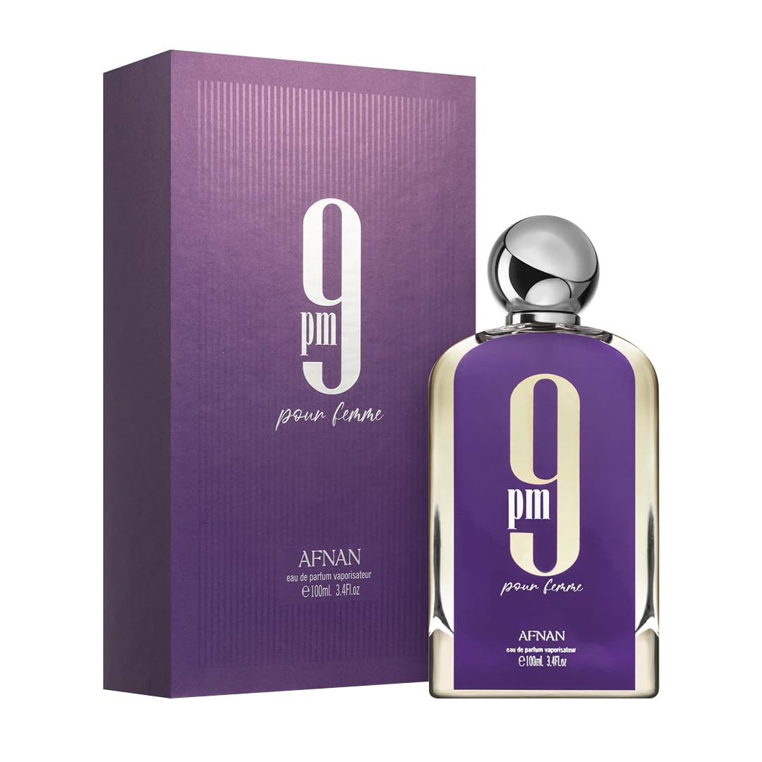Afnan 9 PM Pour Femme perfume bottle with matching purple box, 100ml eau de parfum.