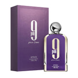 Afnan 9 PM Pour Femme perfume bottle with matching purple box, 100ml eau de parfum.