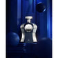 Luxury perfume bottle with silver accents displayed in a dramatic blue setting