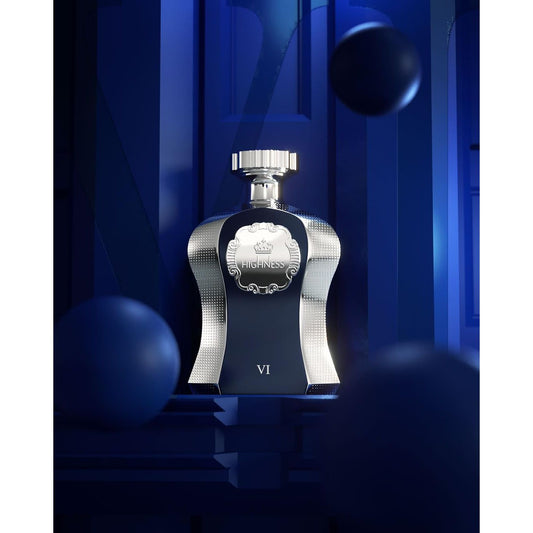 Luxury perfume bottle with silver accents displayed in a dramatic blue setting