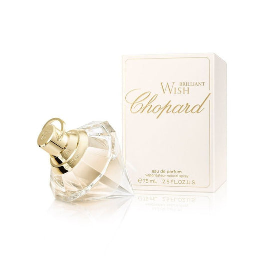 Chopard Brilliant Wish perfume bottle with gold cap and matching retail box, 75ml