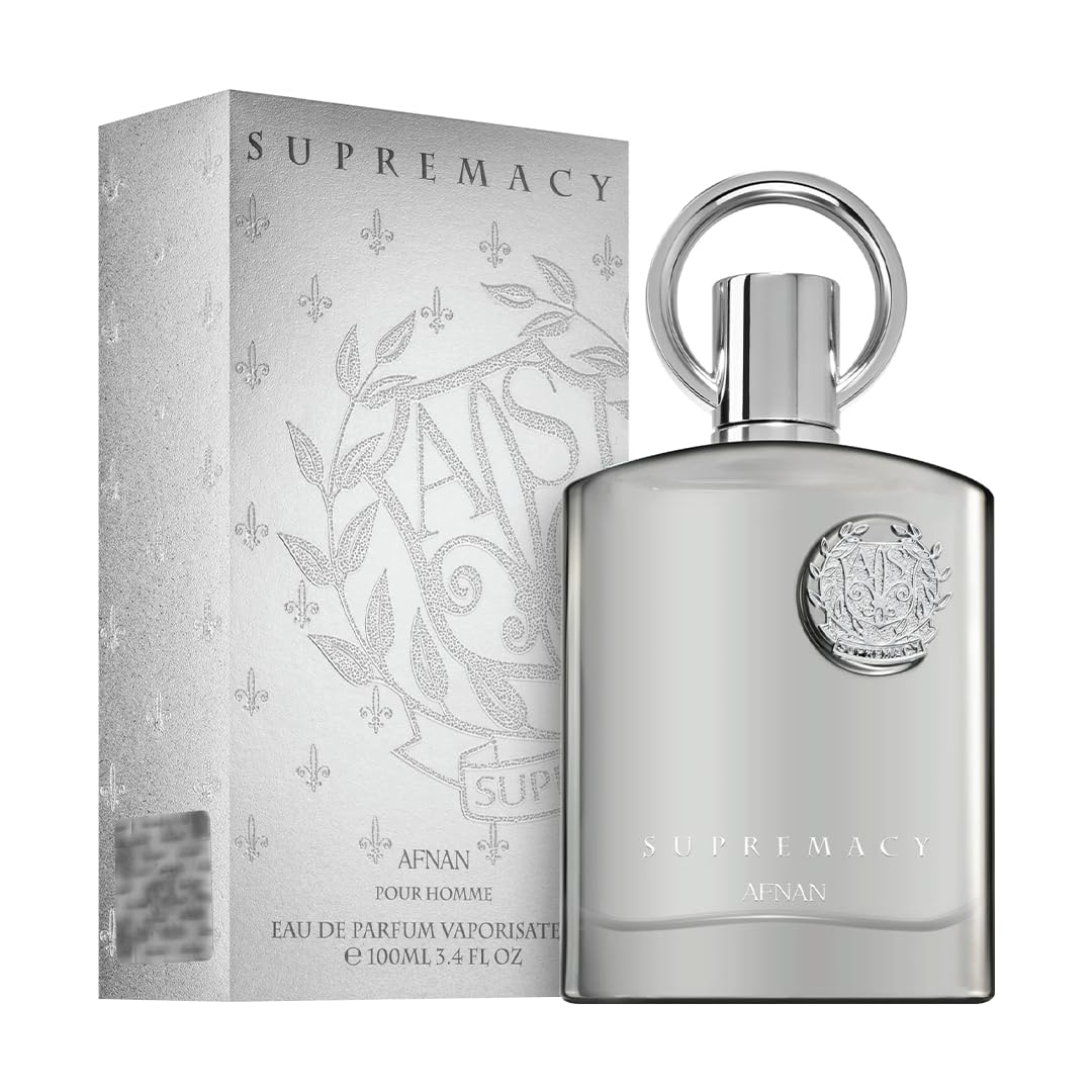 Supremacy Afnan Pour Homme Eau de Parfum, luxury silver bottle with elegant packaging