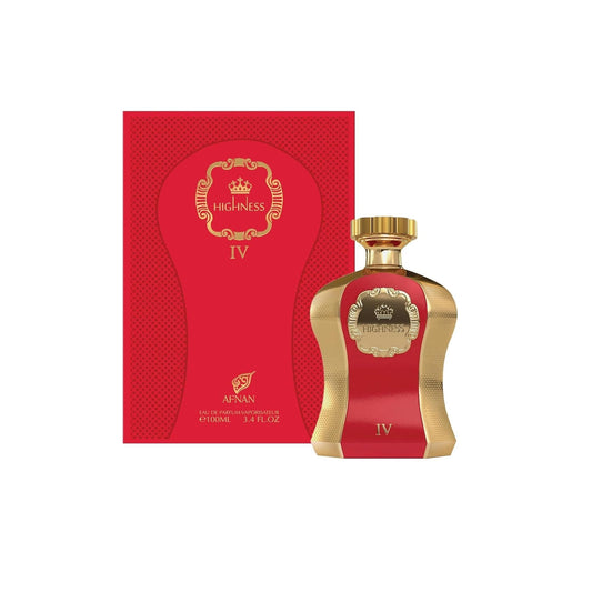 Afnan Highness IV perfume bottle and red gold box, luxury fragrance for women