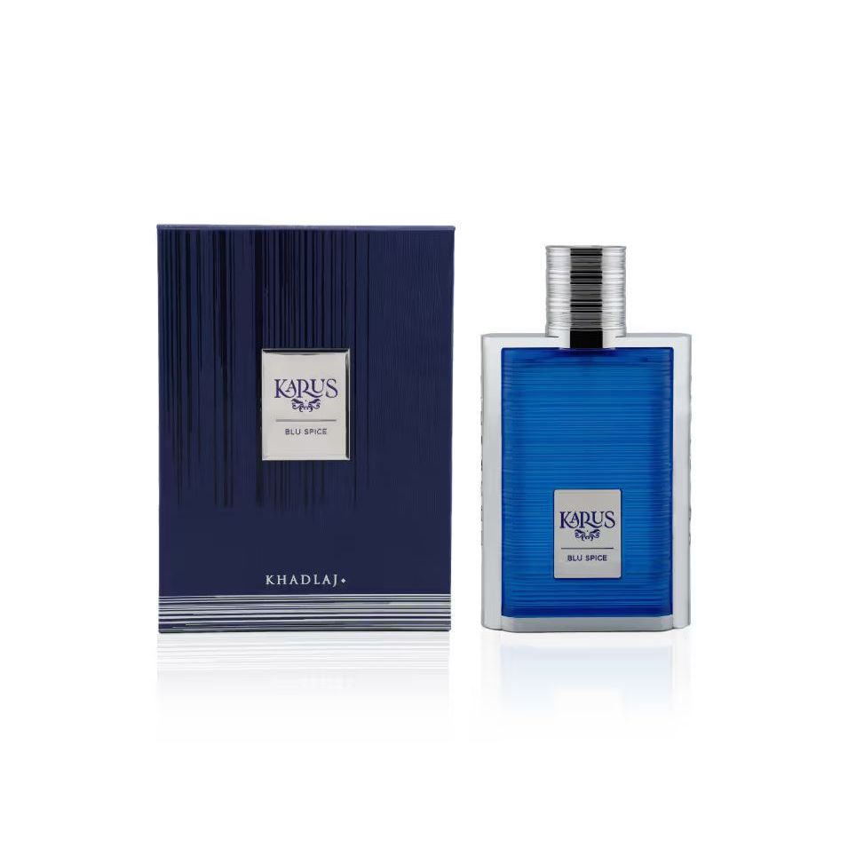 Karus Blu Spice blue perfume bottle and box, luxury fragrance product photography