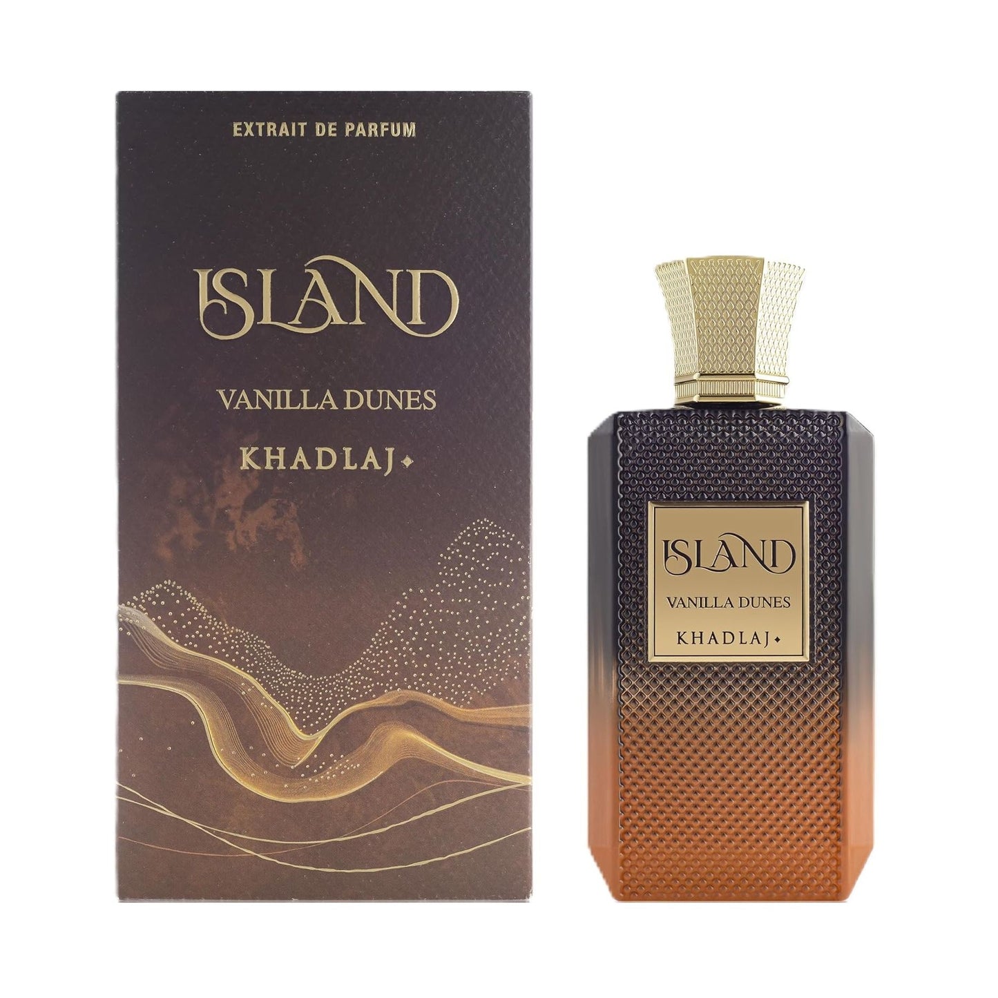 Island Vanilla Dunes perfume bottle and box with gold and brown gradient design