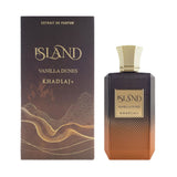Island Vanilla Dunes perfume bottle and box with gold and brown gradient design