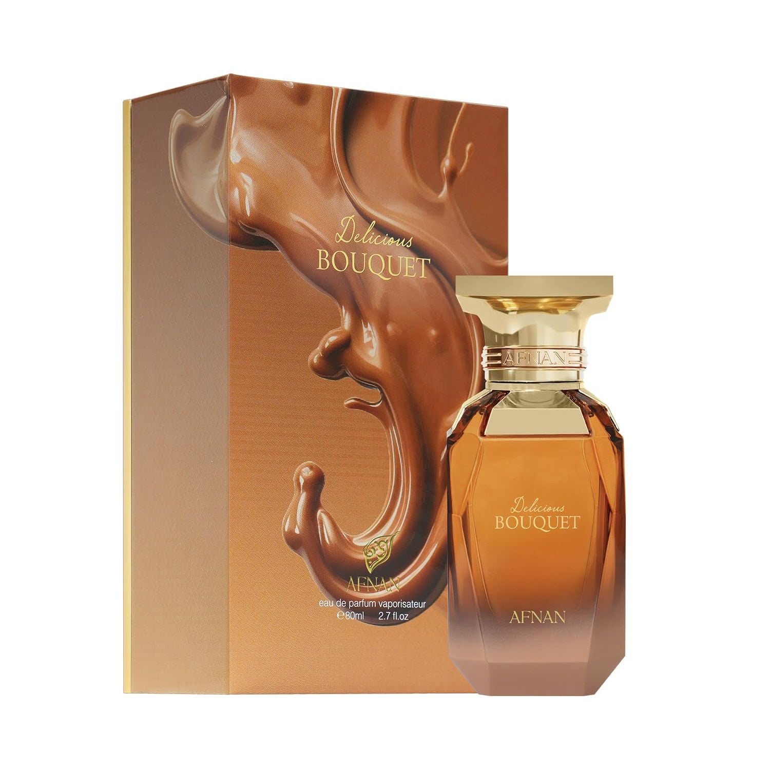 Afnan Delicious Bouquet perfume bottle and box with gold accents and brown swirl design.